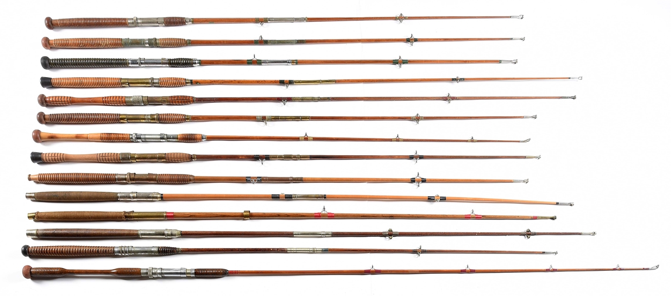 LOT OF 14: MEDIUM BAMBOO AND WOODEN BOAT RODS. 