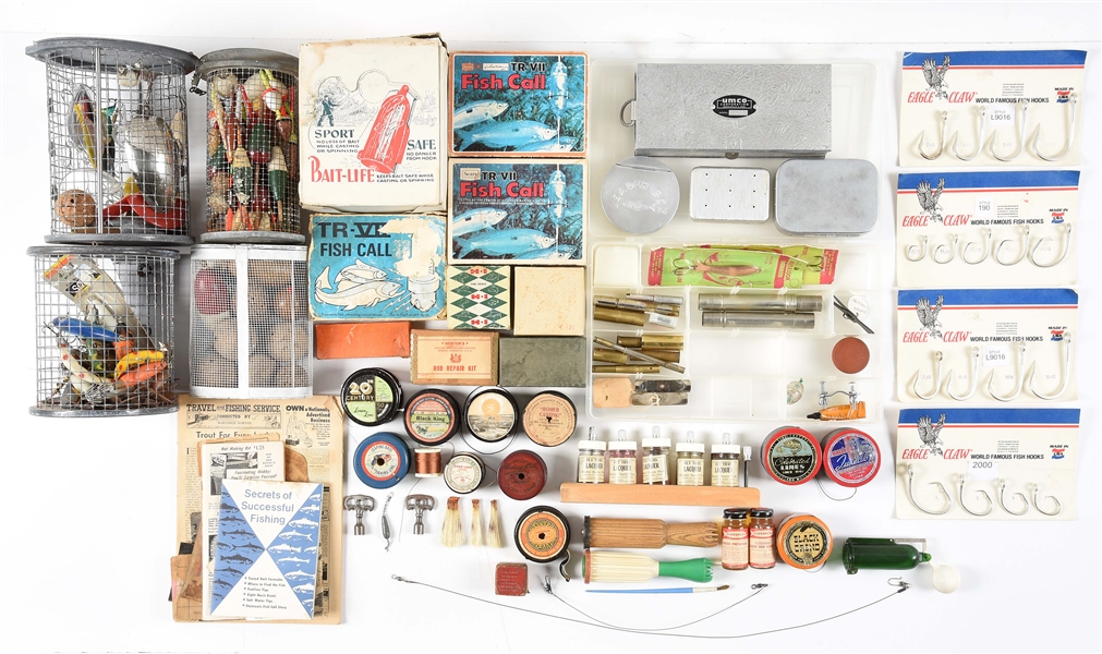 LOT OF ROD BUILDING SUPPLIES, BOXES, LURES, AND FISHING EPHEMERA. 
