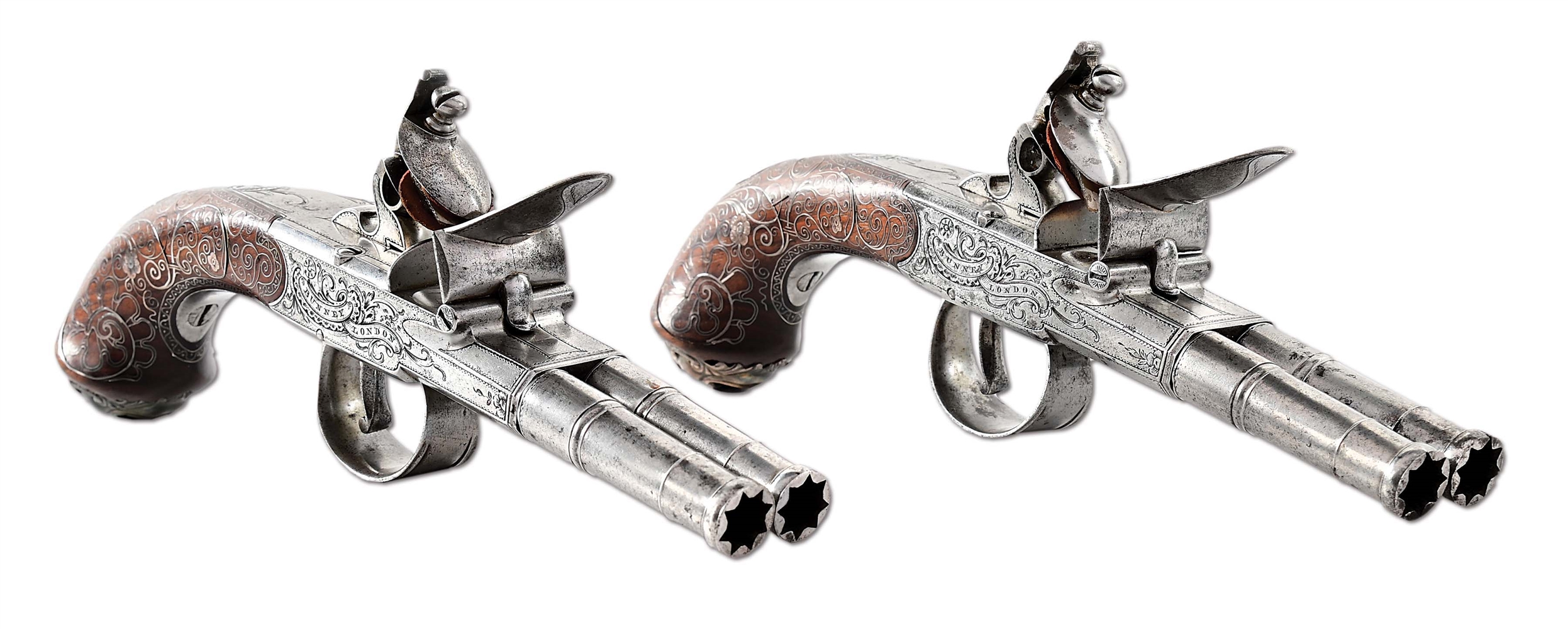 (A) A SCARCE PAIR OF MATCHING BUNNEY DOUBLE BARREL MUFF PISTOLS WITH EYE CATCHING SILVER INLAY AND SILVER MOUNTS.