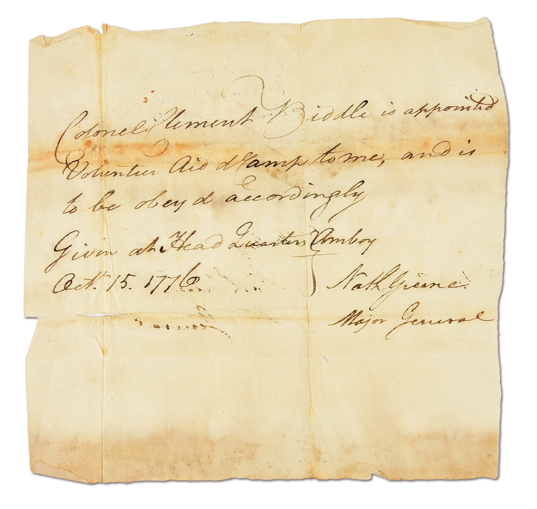 1776 AIDE DE CAMP TO GEN GREENE APPOINTMENT LETTER. 