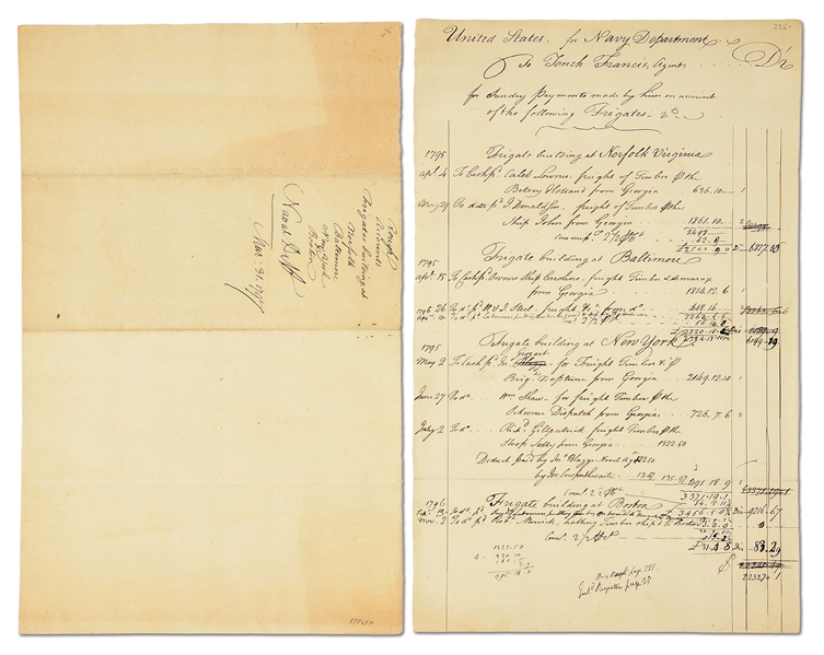 1795-1796 US NAVY FRIGATE BUILDING COSTS DOCUMENT.
