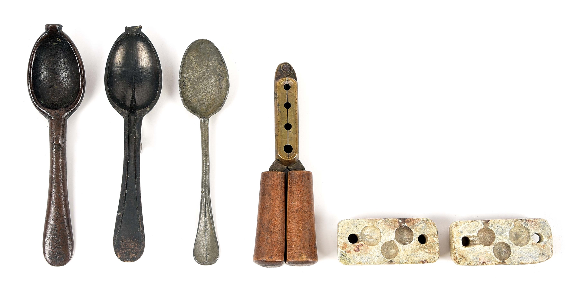 LOT OF 4: 3 18TH CENTURY BULLET MOLDS AND SPOON MOLD WITH SPOON.