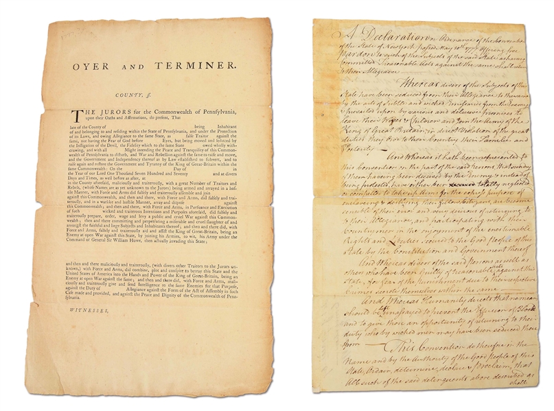 LOT OF 2: REV WAR INDICTMENTS AND PARDONS FOR TREASONABLE ACTS.