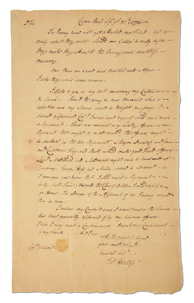 SEPTEMBER 1776 LETTER FROM CROWN POINT BY COL. THOMAS HARTLEY: BATTLE OF VALCOUR, RECOMMENDATIONS OF OFFICERS.