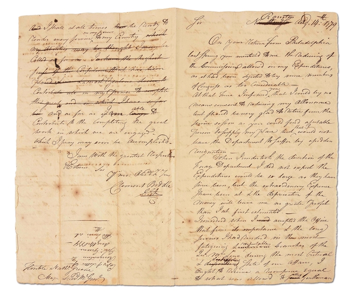 CLEMENT BIDDLE LETTER TO GEN. NATHANIEL GREENE DETAILING POSSIBLE RESIGNATION.