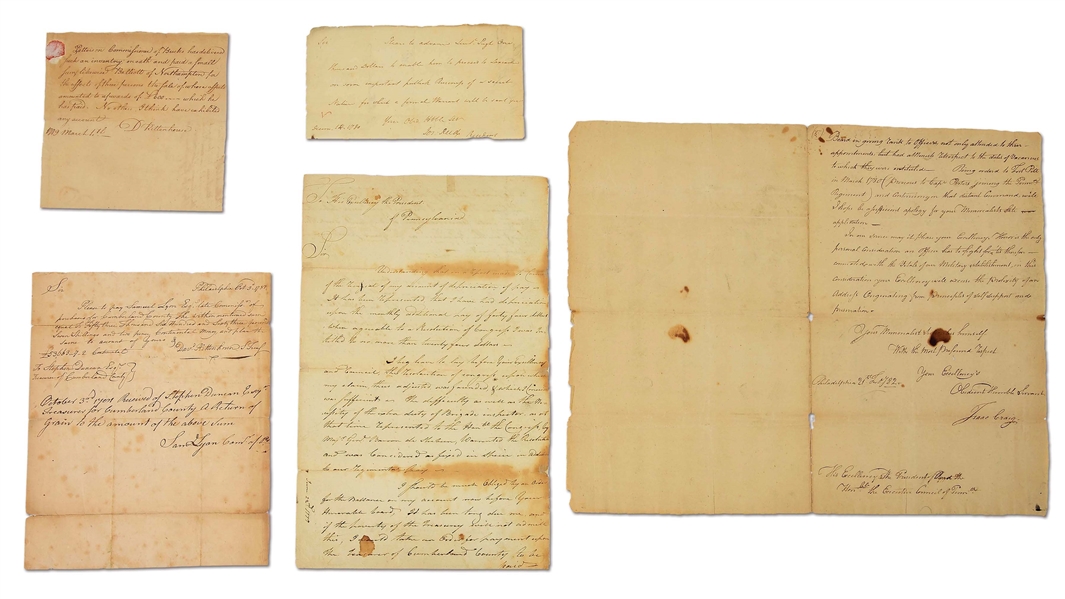 LOT OF 5 PENNSYLVANIA RELATED DOCUMENTS, DAVID RITTENHOUSE, JOSEPH REED, ISAAC CRAIG, MARINES AND 4TH CONT. ART. 