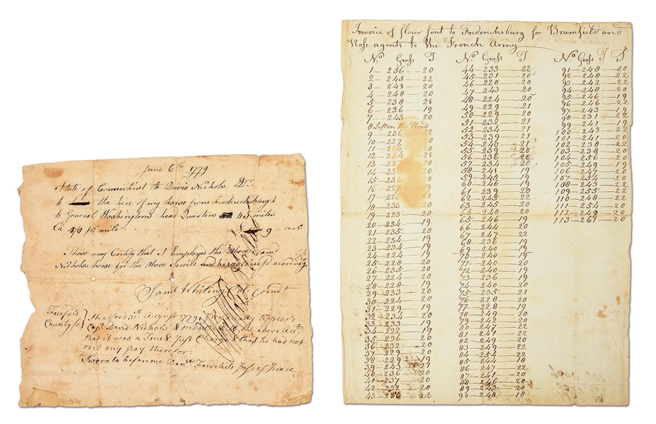 LOT OF 2: REVOLUTIONARY WAR RECEIPT OF USE OF HORSE AND FLOUR TO FRENCH ARMY. 
