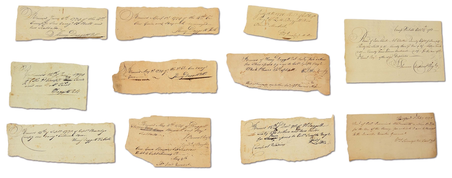 LOT OF 11 REVOLUTIONARY WAR DOCUMENTS: MUSKETS AND ACCOUTERMENTS 7TH CT, CLOTHING 4TH CT.