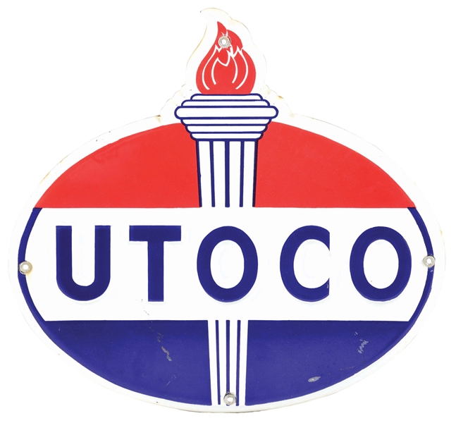 UTOCO GASOLINE EMBOSSED PORCELAIN PUMP PLATE SIGN. 