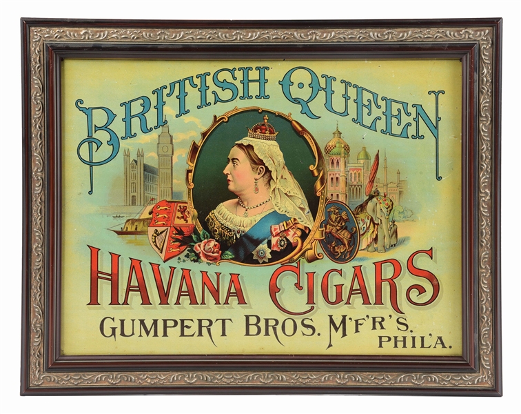 FRAMED TIN BRITISH QUEEN CIGARS SIGN.