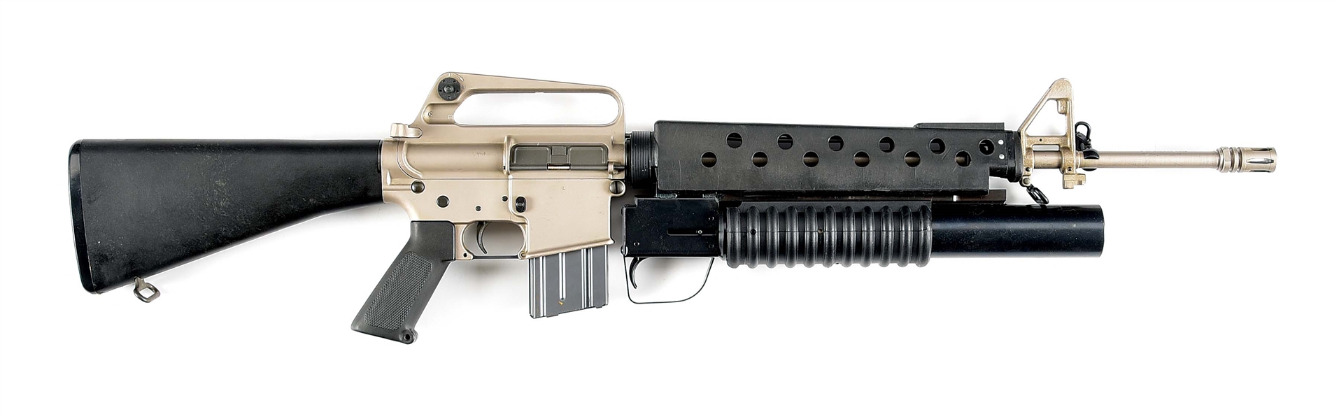 (M) VERY RARE ELECTROLESS NICKEL FINISHED COLT SP1 SEMI-AUTOMATIC RIFLE WITH 37MM FLARE LAUNCHER.