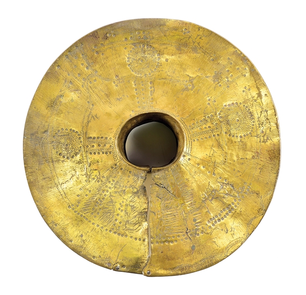 18TH CENTURY MIDDLE EASTERN BRASS LANCE HAND GUARD.