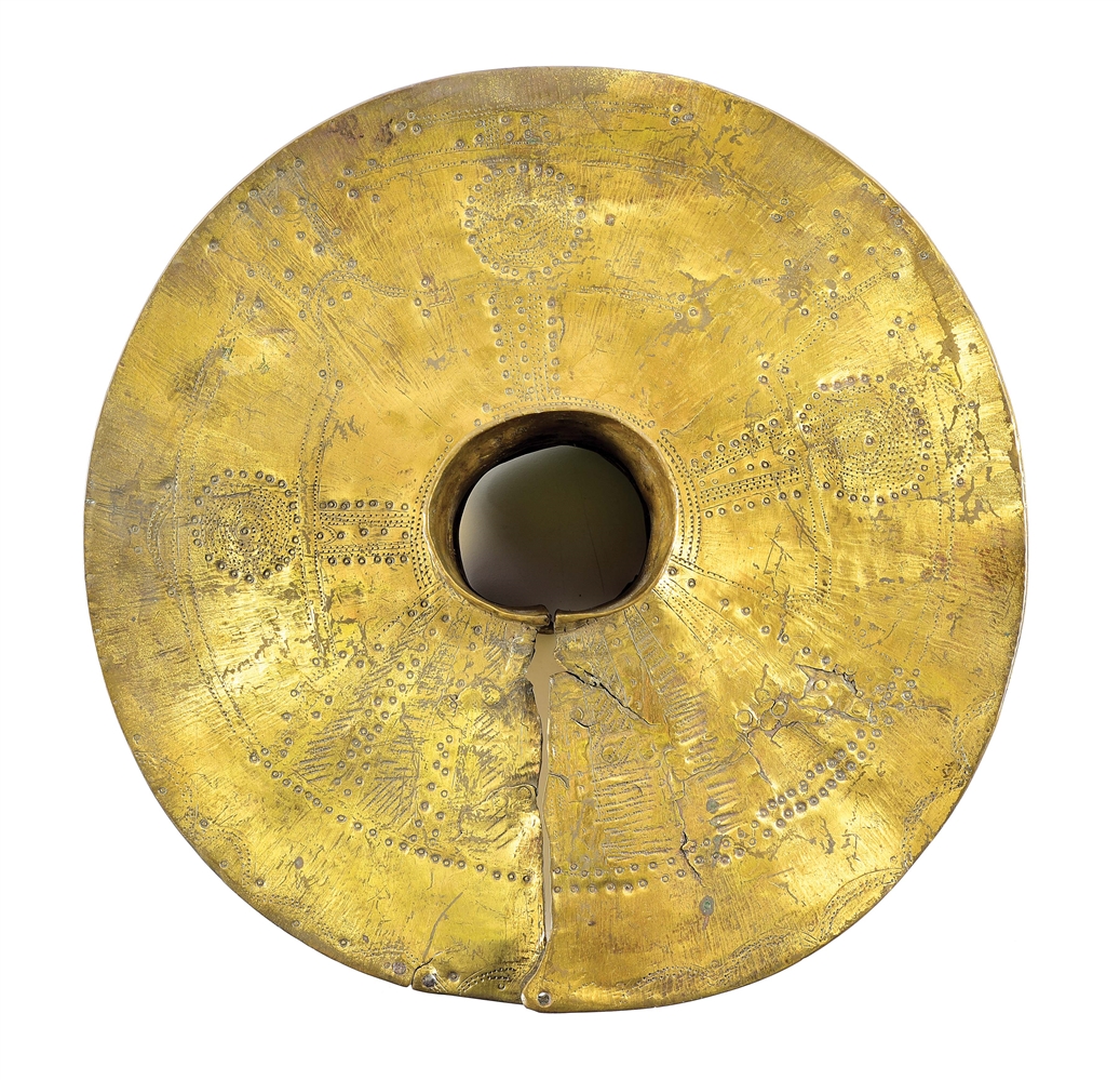 18TH CENTURY MIDDLE EASTERN BRASS LANCE HAND GUARD.