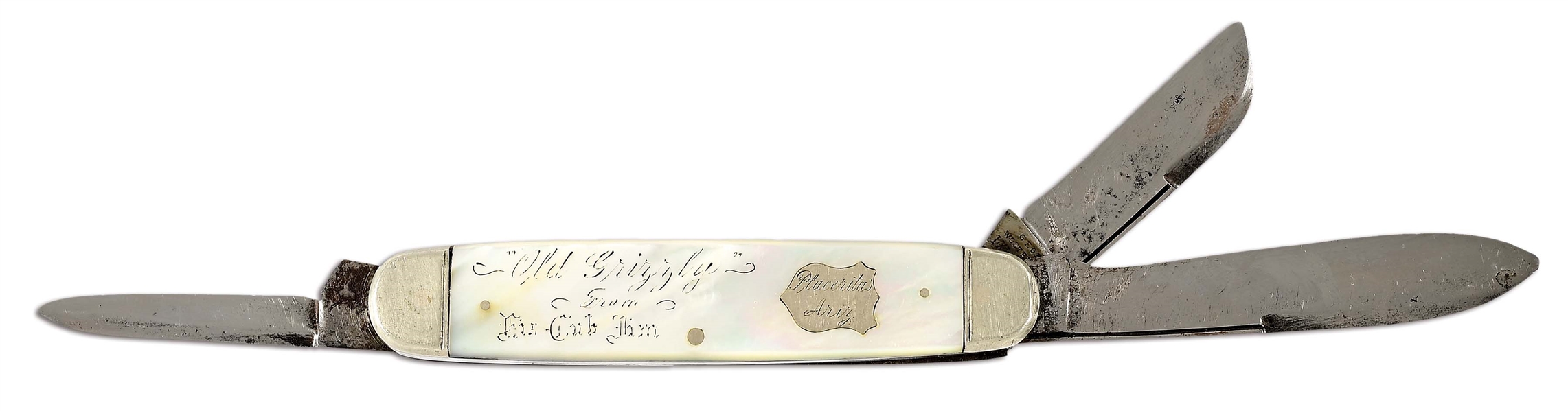 PEARL HANDLED CATTLE KNIFE WITH INTRIGUING INSCRIPTION BY GEO. WOSTENHOLM, SHEFFIELD.