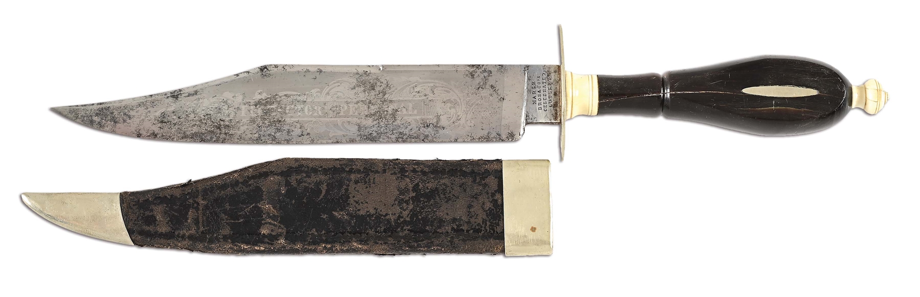 ETCHED BLADE CLIP POINT BOWIE KNIFE BY MARSH BROS., SHEFFIELD.