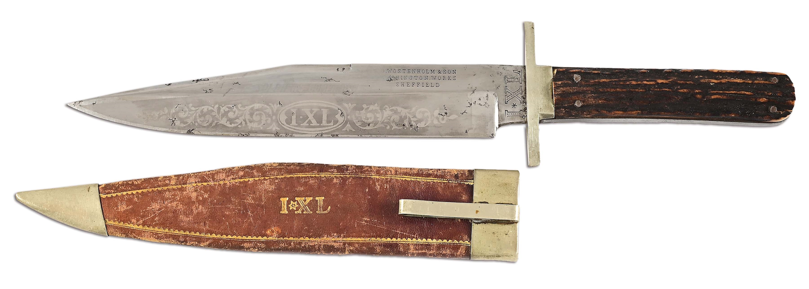 "SOLDIERS COMPANION" ETCHED CLIP POINT BOWIE KNIFE BY GEO. WOSTENHOLM, SHEFFIELD.