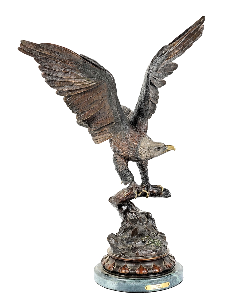 BRONZE EAGLE ON MARBLE BASE BY MOIGNIEZ.