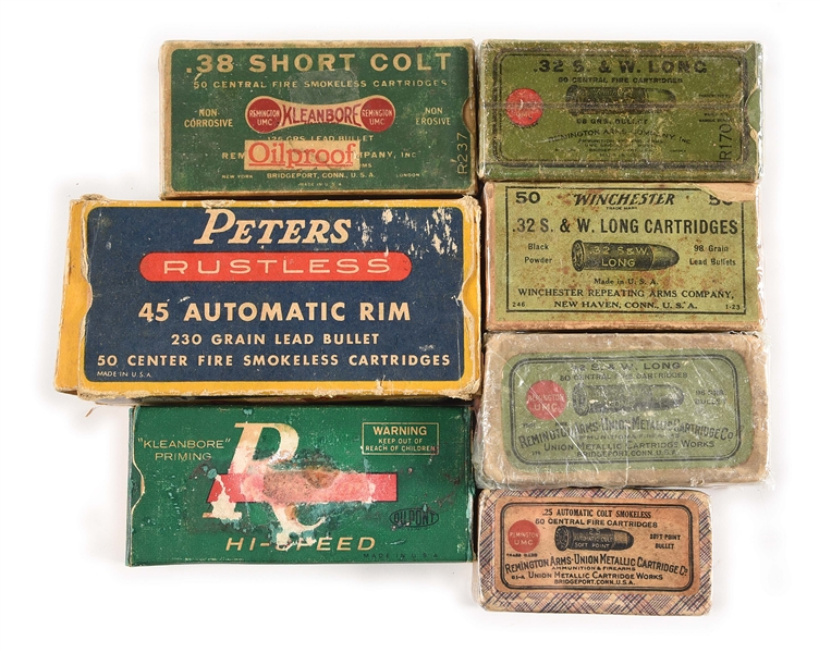 LOT OF 7: VARIOUS VINTAGE BOXES OF AMMO.
