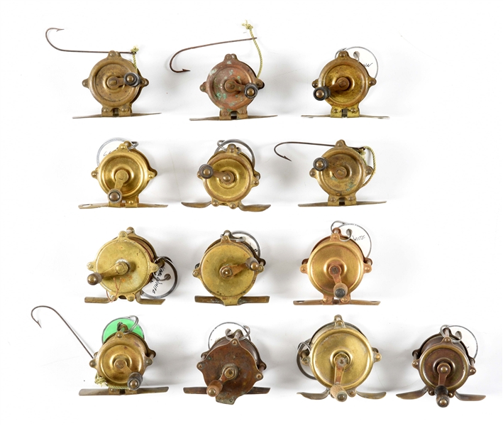 LOT OF 13: VARIETY OF SMALL EARLY FISHING REELS.