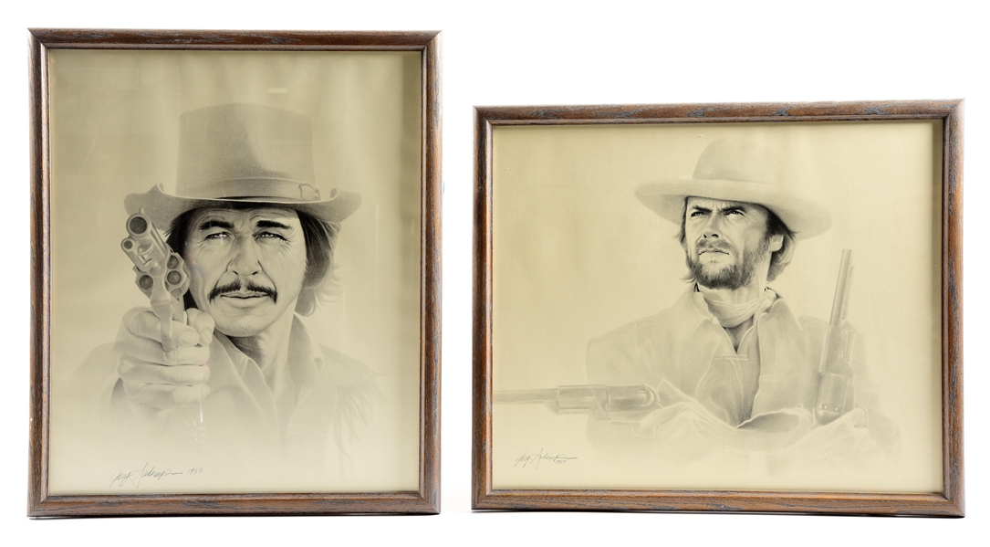 LOT OF 2: FRAMED WESTERN MOVIE CHARACTER SKETCHES. 