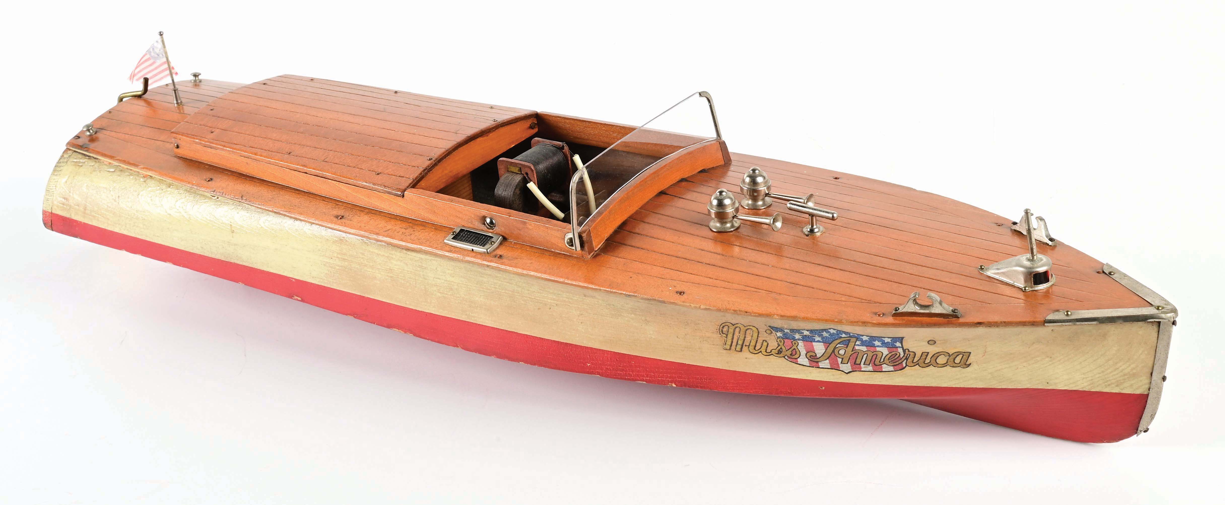 Primitive Boat Model Lot Detail - EARLY PRIMITIVE JAPANESE BATTERY-OPERATED WOODEN MODEL BOAT.