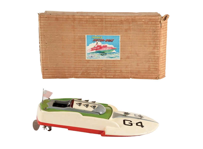 VERY UNUSUAL JAPANESE BATTERY-OPERATED WOODEN AQUA-JET BOAT.