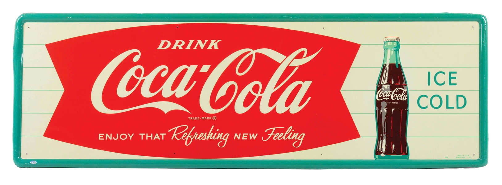 DRINK COCA COLA "ENJOY THAT REFRESHING NEW FEELING" TIN SIGN W/ BOTTLE GRAPHIC. 