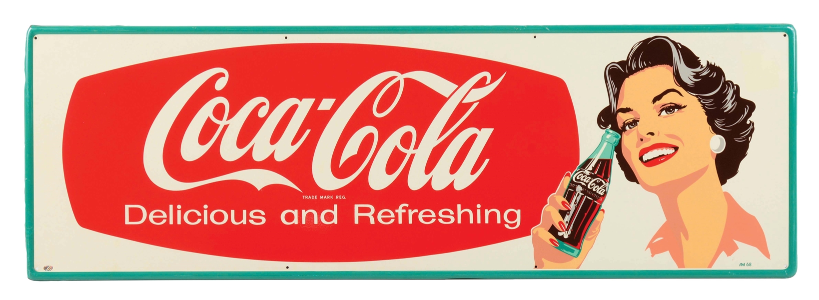 OUTSTANDING COCA COLA "DELICIOUS AND REFRESHING" TIN SIGN W/ WOMAN GRAPHIC. 