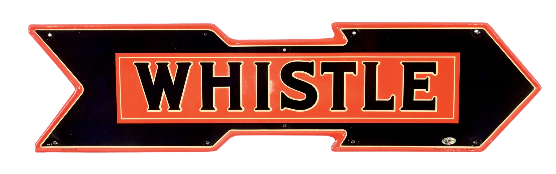 WHISTLE SODA POP TIN ARROW SIGN W/ EMBOSSED OUTER EDGE. 