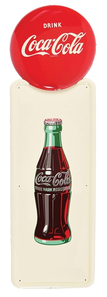 DRINK COCA COLA TWO PIECE TIN PILASTER SIGN W/ DETAILED BOTTLE GRAPHIC.