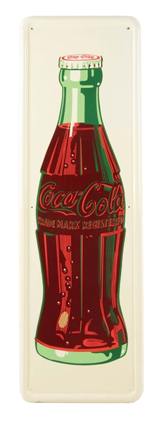 OUTSTANDING COCA COLA VERTICAL TIN SIGN W/ LARGE BOTTLE GRAPHIC.