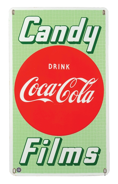OUTSTANDING DRINK COCA COLA CANDY & FILMS PORCELAIN SIGN W/ BUTTON GRAPHIC. 