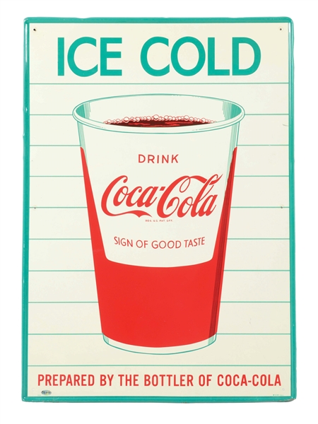 OUTSTANDING ICE COLD COCA COLA TIN SIGN W/ RED CUP GRAPHIC. 
