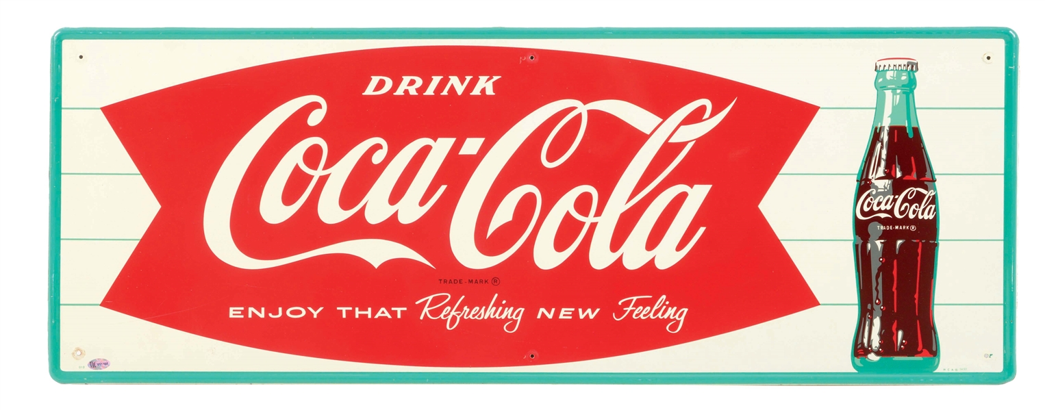 DRINK COCA COLA TIN SIGN W/ DETAILED BOTTLE & FISHTAIL GRAPHIC. 