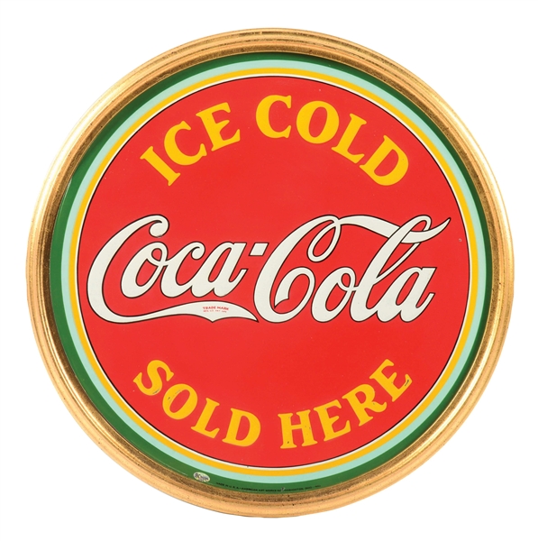 OUTSTANDING N.O.S. ICE COLD COCA COLA SOLD HERE EMBOSSED TIN SIGN W/ ORNATE FRAME. 