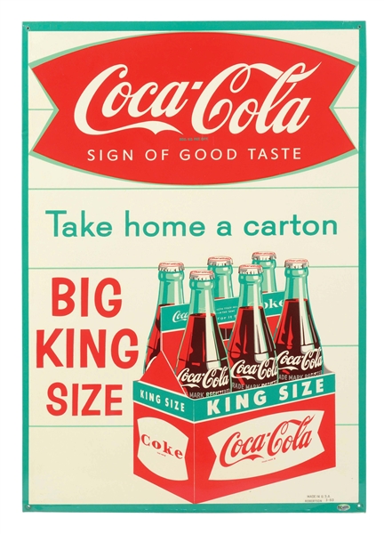 OUTSTANDING COCA COLA "BIG KING SIZE" TIN SIGN W/ SIX PACK & FISHTAIL GRAPHIC. 