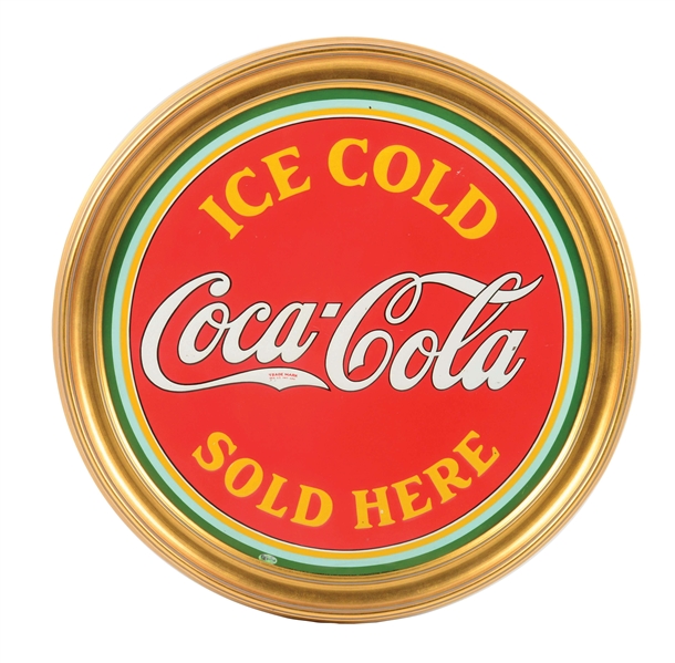 OUTSTANDING ICE COLD COCA COLA SOLD HERE EMBOSSED TIN SIGN W/ ORNATE WOODEN FRAME. 