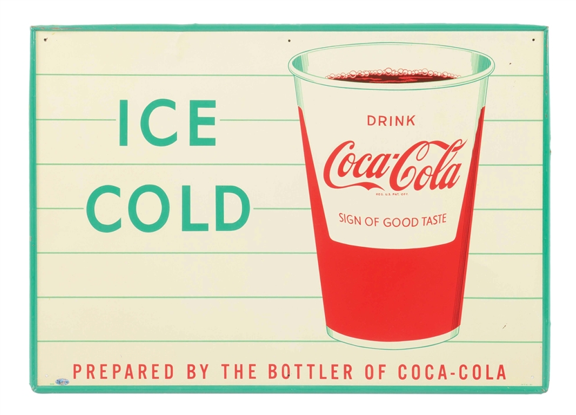 ICE COLD COCA COLA TIN SIGN W/ RED CUP GRAPHIC. 