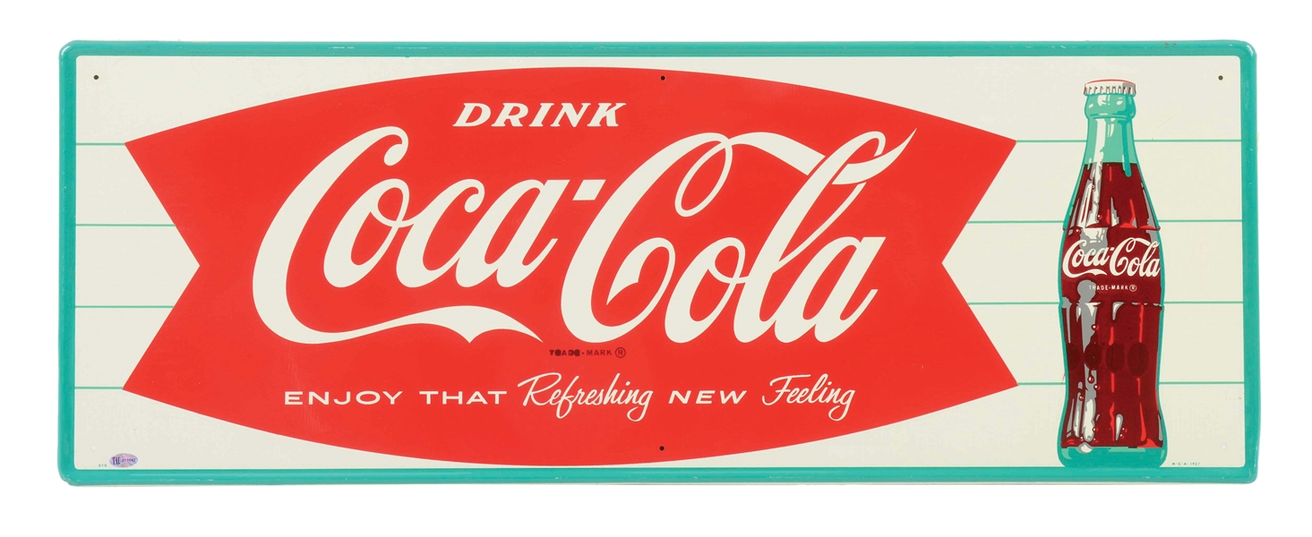 DRINK COCA COLA TIN SIGN W/ BOTTLE & FISHTAIL GRAPHIC. 