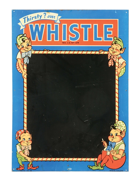 THIRSTY? JUST WHISTLE TIN CHALKBOARD MENU SIGN W/ ELF GRAPHICS. 