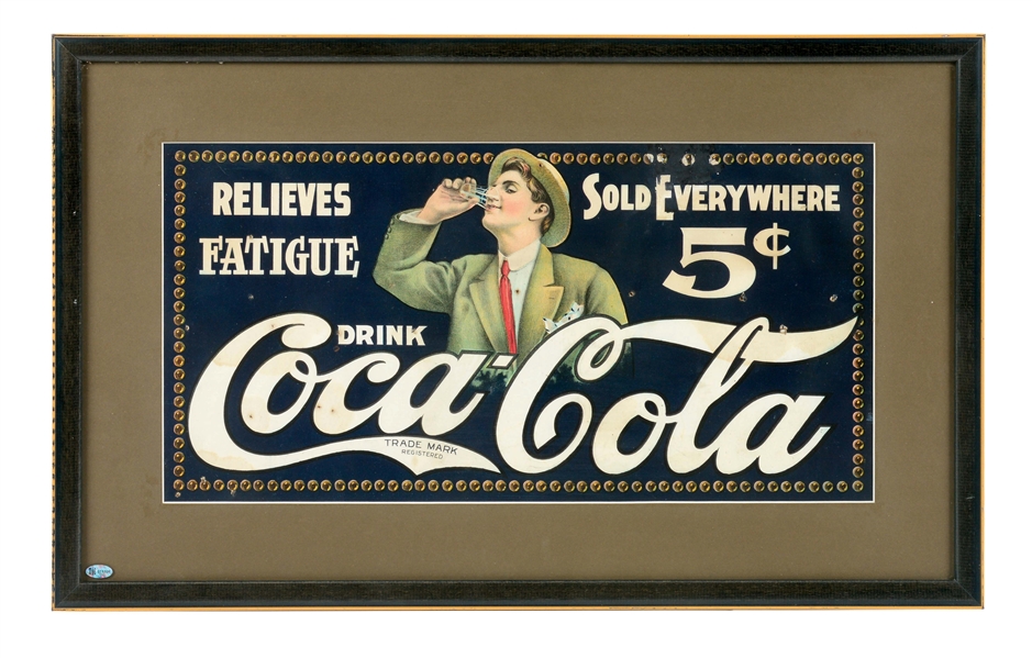RARE DRINK COCA COLA 5¢ CARD STOCK FRAMED ADVERTISEMENT W/ MAN GRAPHIC. 