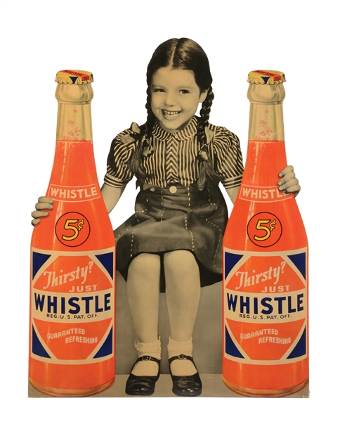 THIRSTY? JUST WHISTLE 5¢ CARD STOCK EASEL BACK ADVERTISEMENT W/ BOTTLE & GIRL GRAPHIC. 