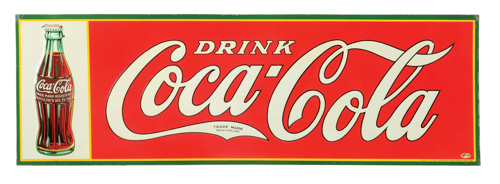 OUTSTANDING DRINK COCA COLA EMBOSSED TIN SIGN W/ CHRISTMAS BOTTLE GRAPHIC. 