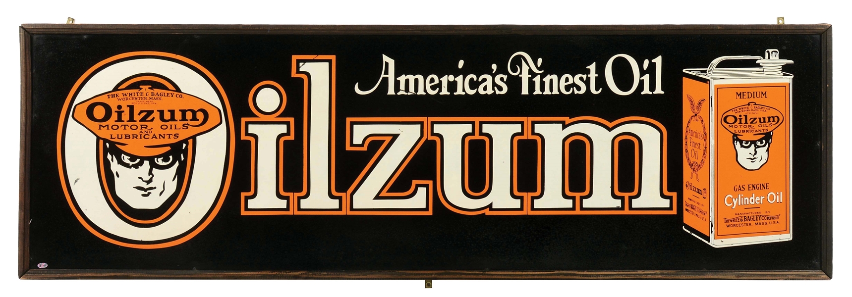 RARE & OUTSTANDING OILZUM MOTOR OILS TIN SIGN W/ CAN & OSWALD GRAPHIC. 