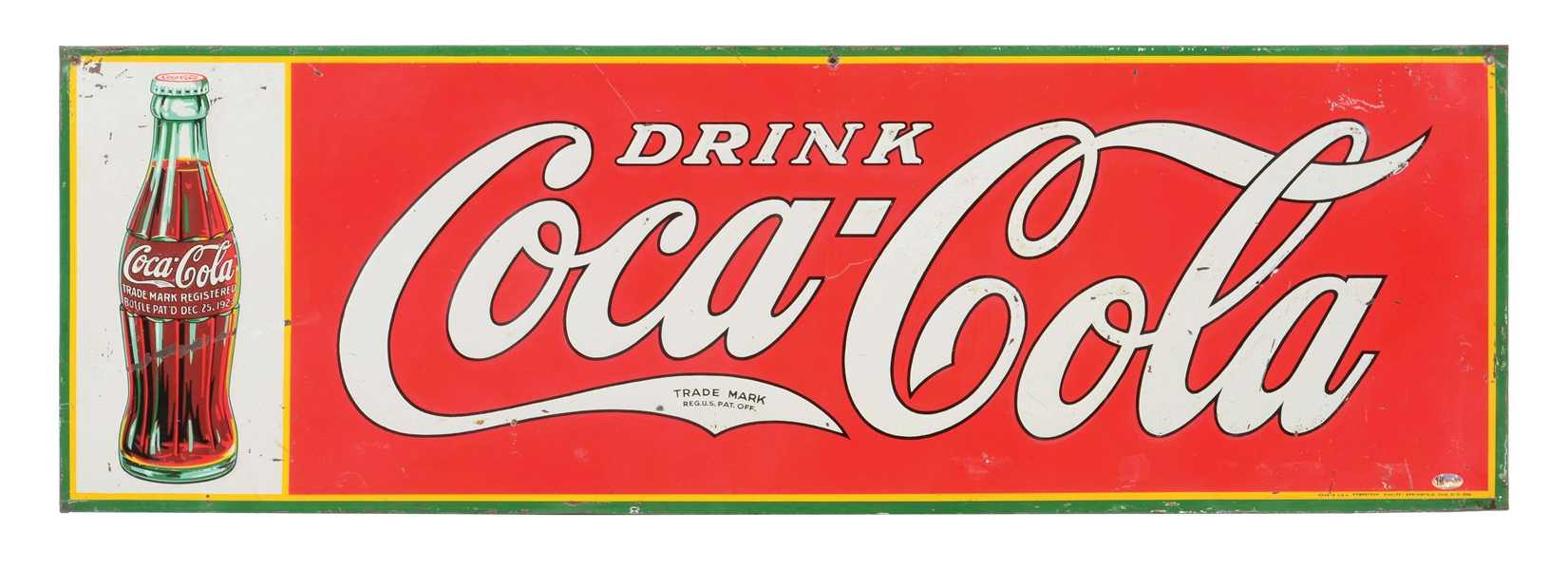 DRINK COCA COLA EMBOSSED TIN SIGN W/ CHRISTMAS BOTTLE GRAPHIC. 
