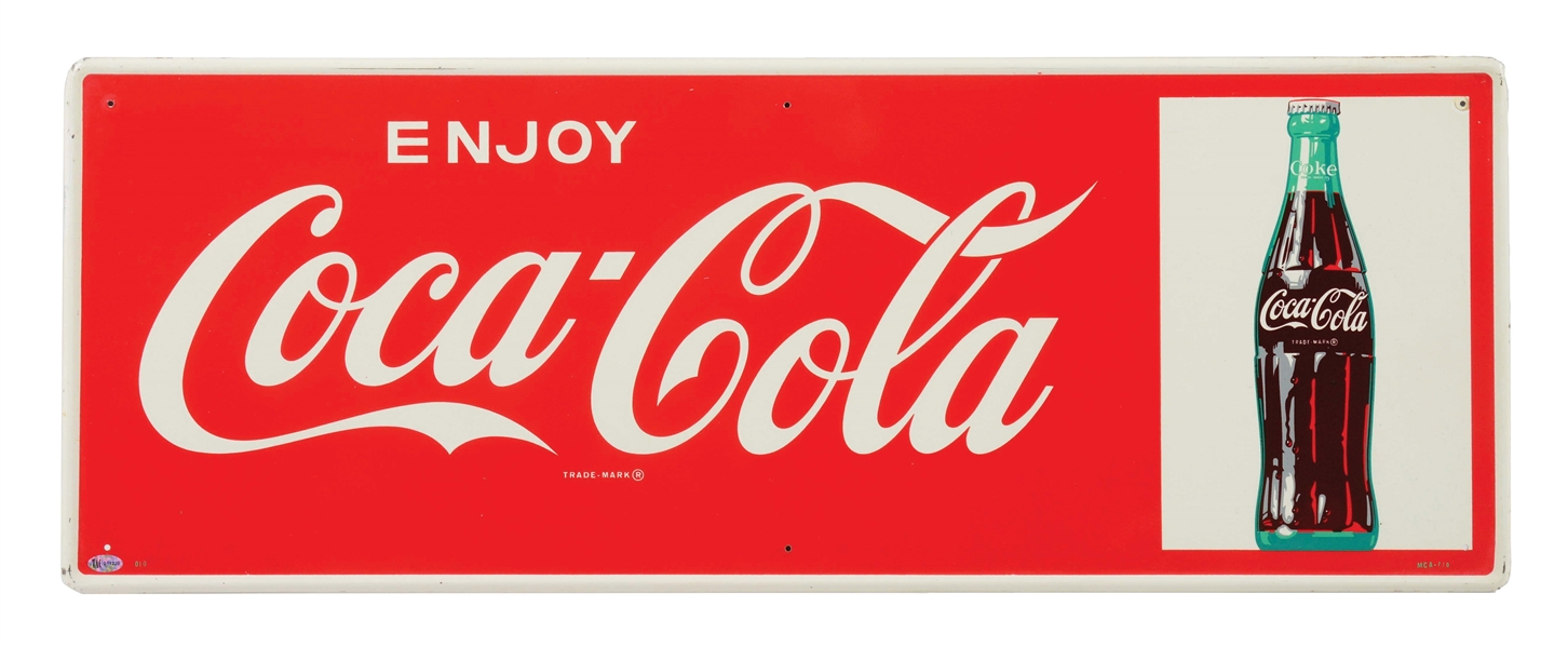 ENJOY COCA COLA TIN SIGN W/ BOTTLE GRAPHIC & EMBOSSED OUTER EDGE. 