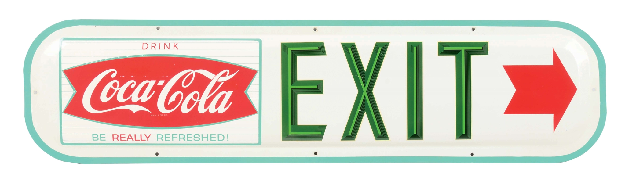 NEW OLD STOCK DRINK COCA COLA "EXIT" TIN SIGN W/ FISHTAIL & ARROW GRAPHIC. 