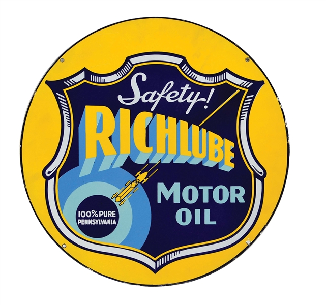 RICHLUBE MOTOR OIL PORCELAIN SIGN W/ SHIELD & RACE CAR GRAPHIC. 