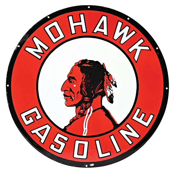 INCREDIBLE MOHAWK GASOLINE "DOWN FEATHER" PORCELAIN SERVICE STATION SIGN W/ ICONIC NATIVE AMERICAN GRAPHIC. 
