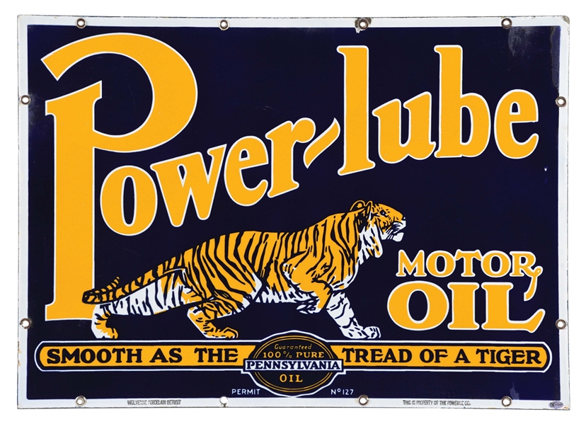 OUTSTANDING POWERLUBE MOTOR OIL PORCELAIN SIGN W/ TIGER GRAPHIC. 